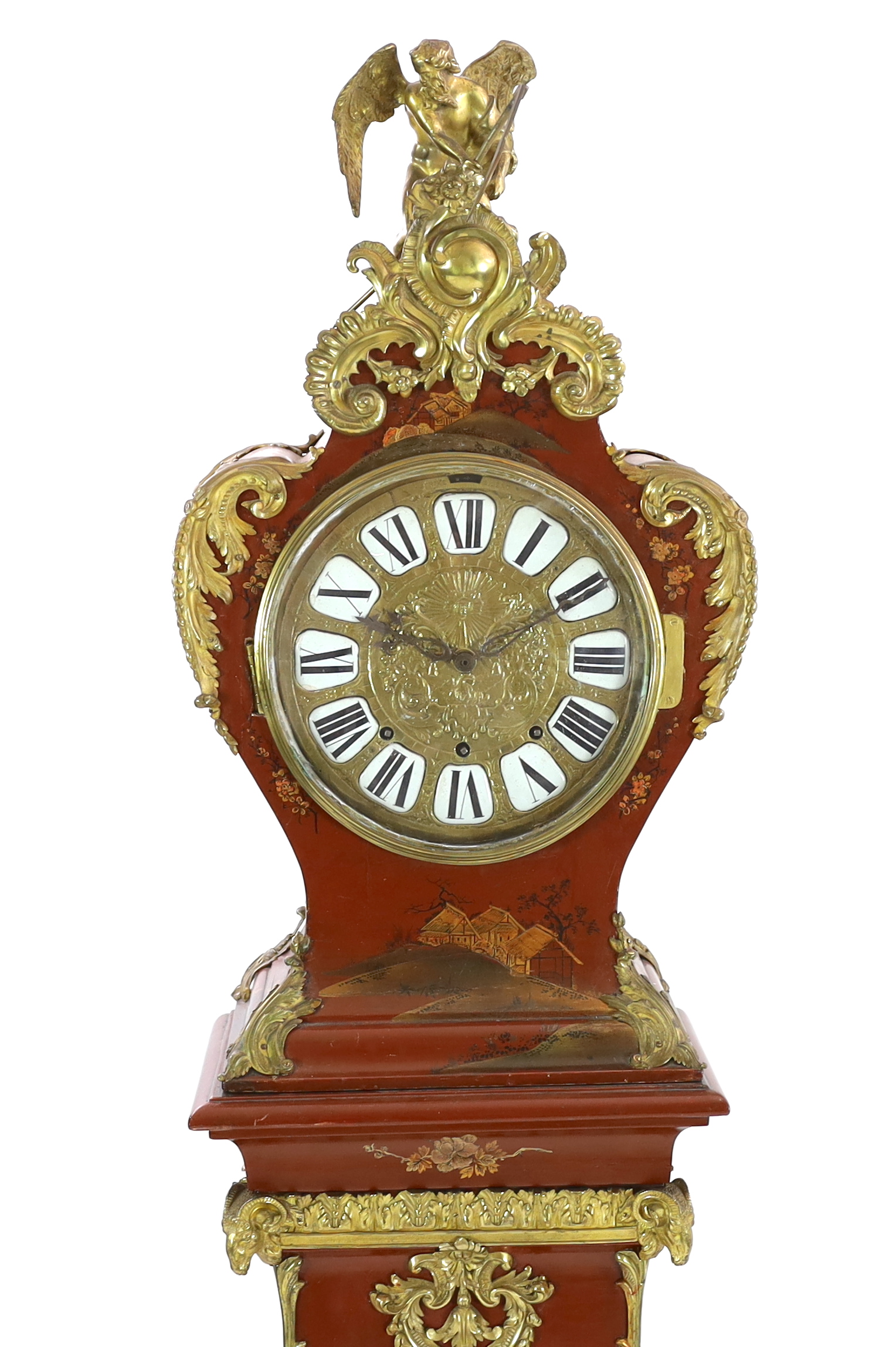 A Louis XV style ormolu mounted red chinoiserie lacquer longcase clock, 46cm wide, 33cm deep, 238cm high, Please note this lot attracts an additional import tax of 5% on the hammer price